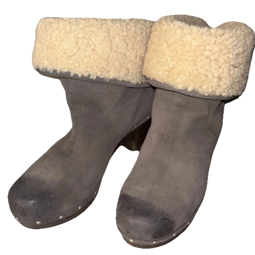 UGG Lynnea Wm 8US/39EU Gray Suede Shearling Ankle Boots Wooden Clog Soles - Picture 3 of 11